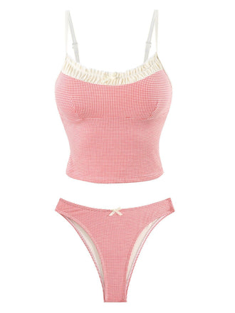 Ensemble De Tankini Bords Dentelle À Carreaux Rouge Année 1950