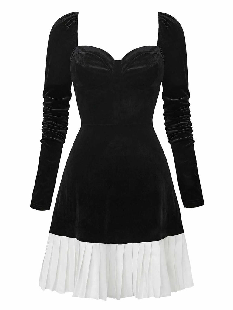 Robe col cœur et ourlet plissé en velours noir et blanc contrastée années 60