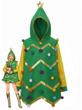 Sweatshirt à capuche sapin de Noël années 1950 avec pompons colorés