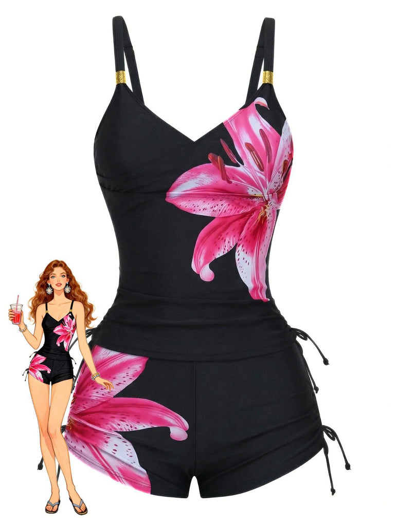 Tankini noirs à lacets uni à motif floral années 1950