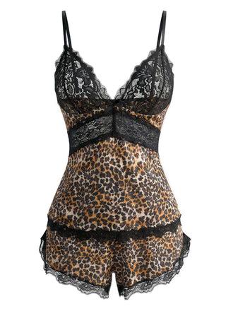 Ensemble De Pyjama Dentelle Léopard Bretelles Fin Marron Année 1970