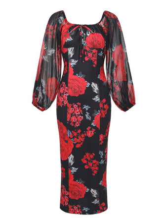 Robe moulante fleurs style thé français épaules dénudées années 1960