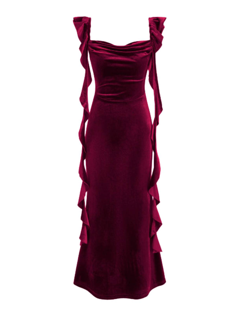 Robe à volants et bretelles en ruban de velours années 1940