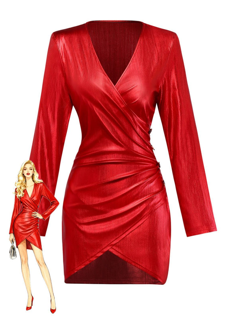 [Pré-vente] Robe moulante brillant rouge col en V et fente des années 1960