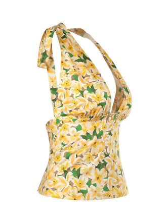 Haut dos nu fleurie jaune col V profond des années 1950