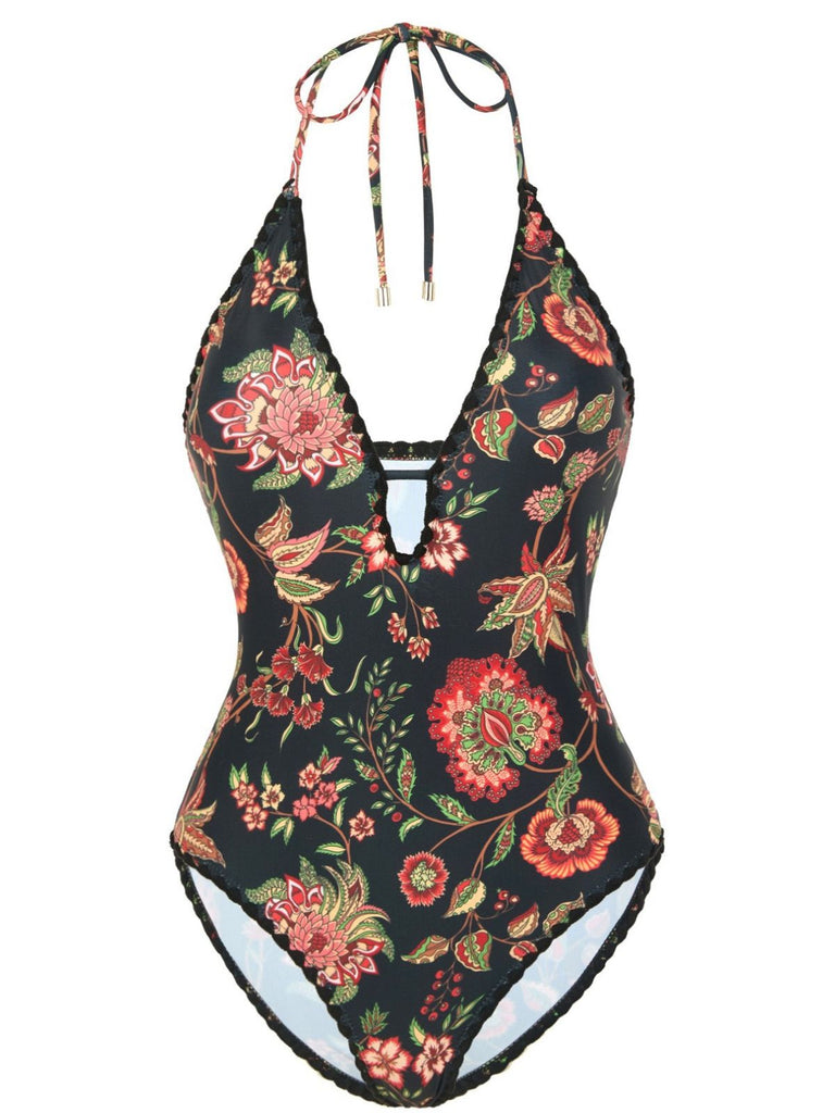 2PCS Maillot de bain et paréo à franges et décolleté en V profond années 1960