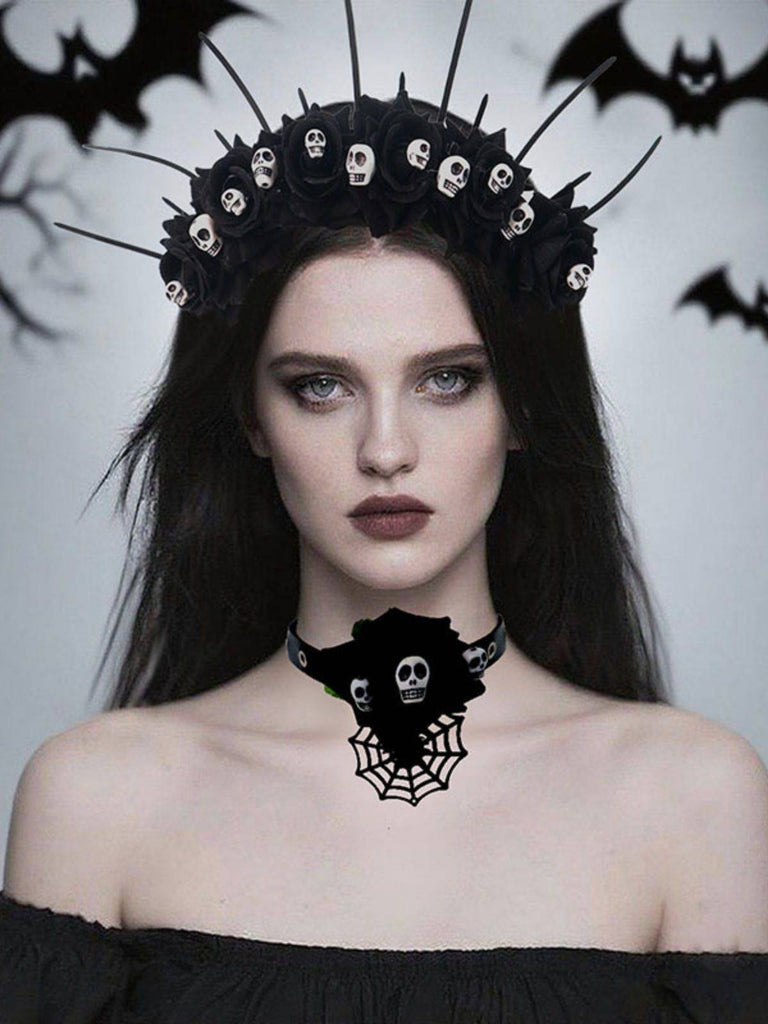Bandeau et collier gothiques d'Halloween avec tête de mort et rose
