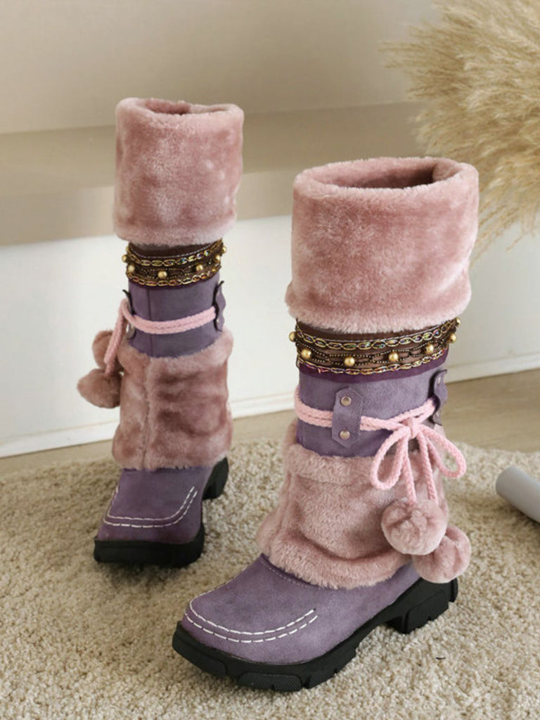 Bottes d'hiver vintage à pompons en fausse fourrure