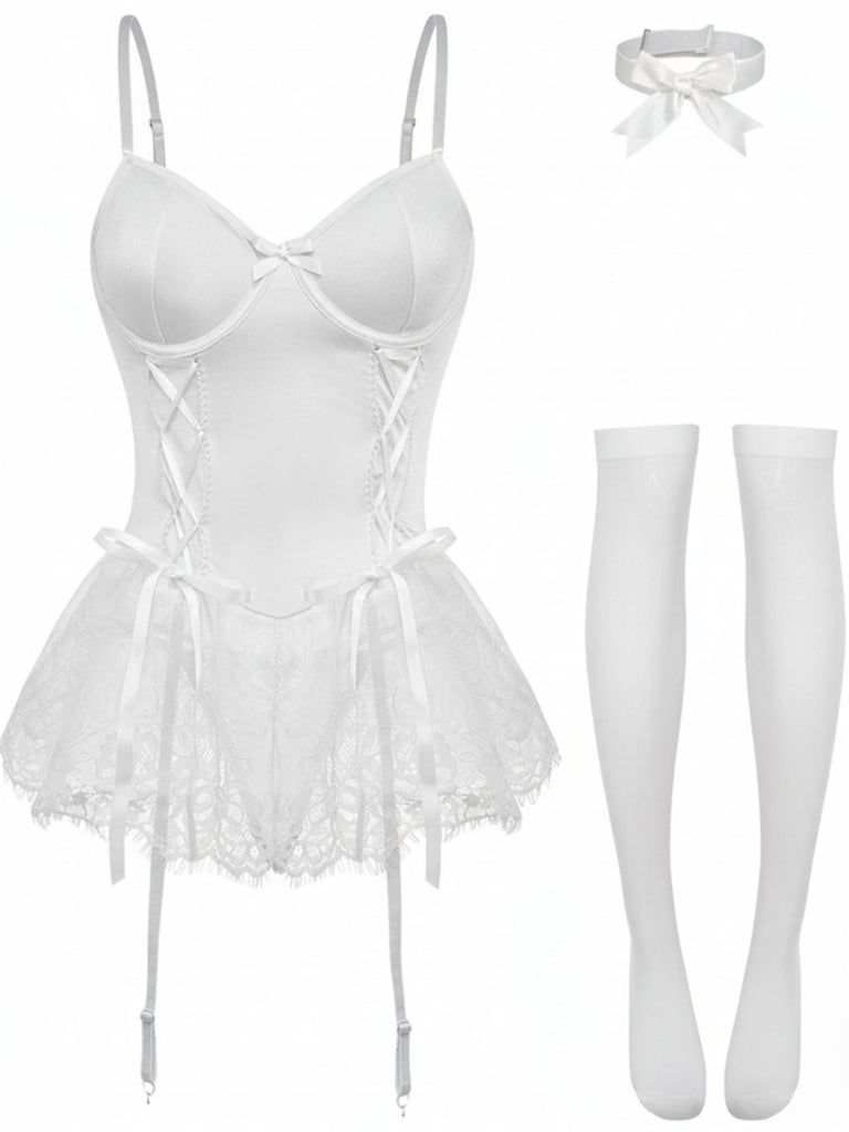 Ensemble body corset orné de dentelle des années 1960