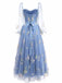 Robe longue à manches longues en maille brodée de fleurs bleues années 1930