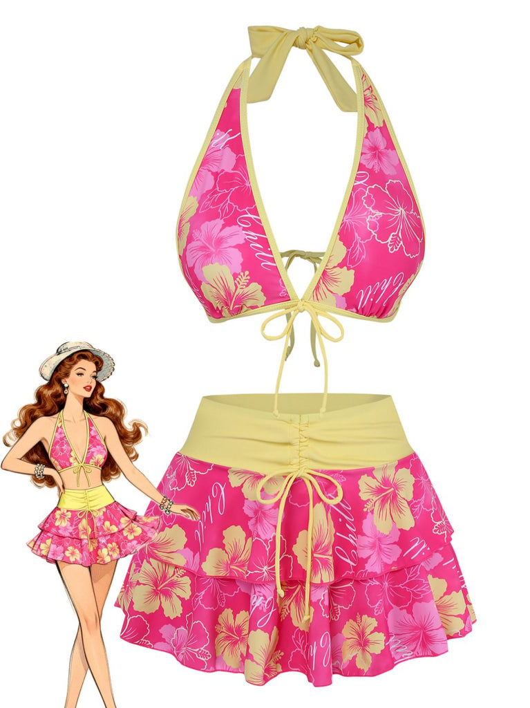 Bikini marron imprimé floral volanté années 1960
