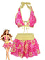 Ensemble bikini rose à imprimé floral à nouer sur le devant et à volants années 1960
