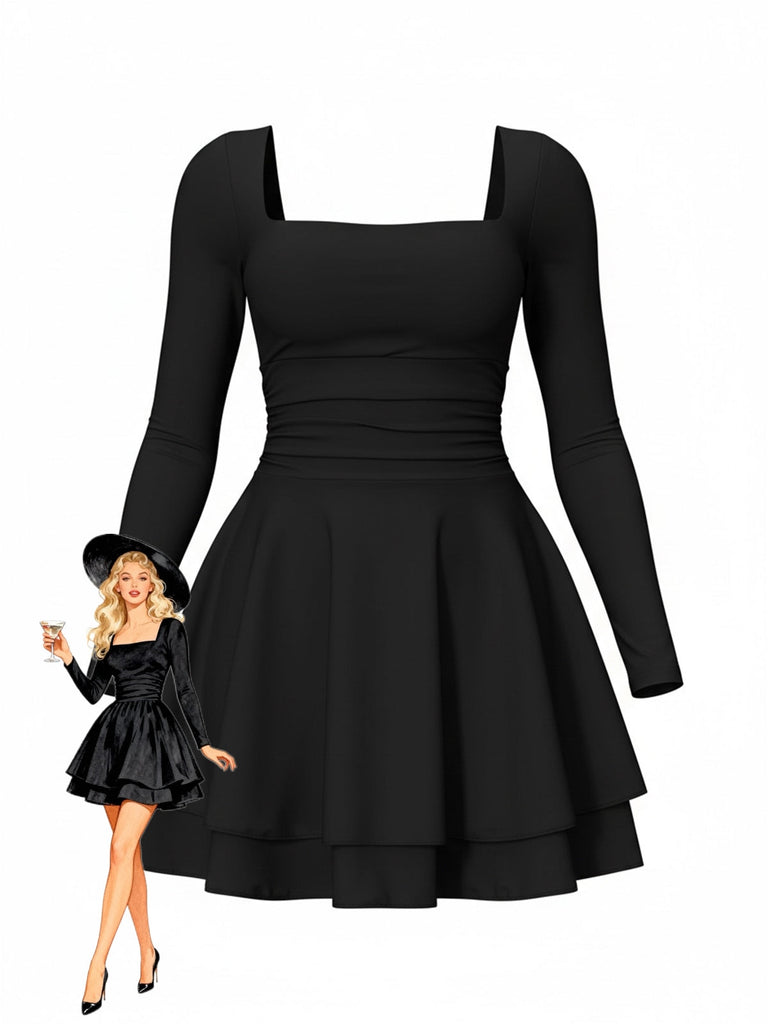 Robe coupe cintrée col carré et manches longues années 1980