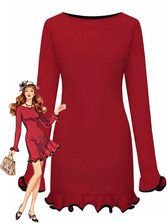 Robe rose manches longues et ourlet volants style années 60