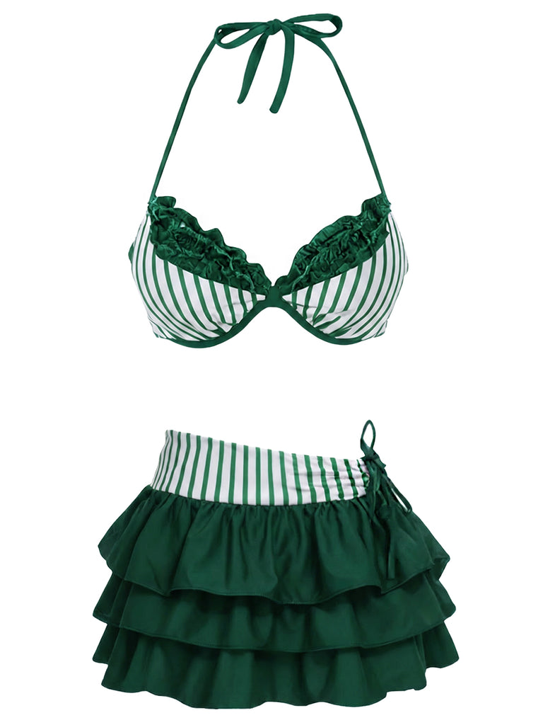 2PCS Ensemble bikini dos nu rayé rose et paréo à volants années 60