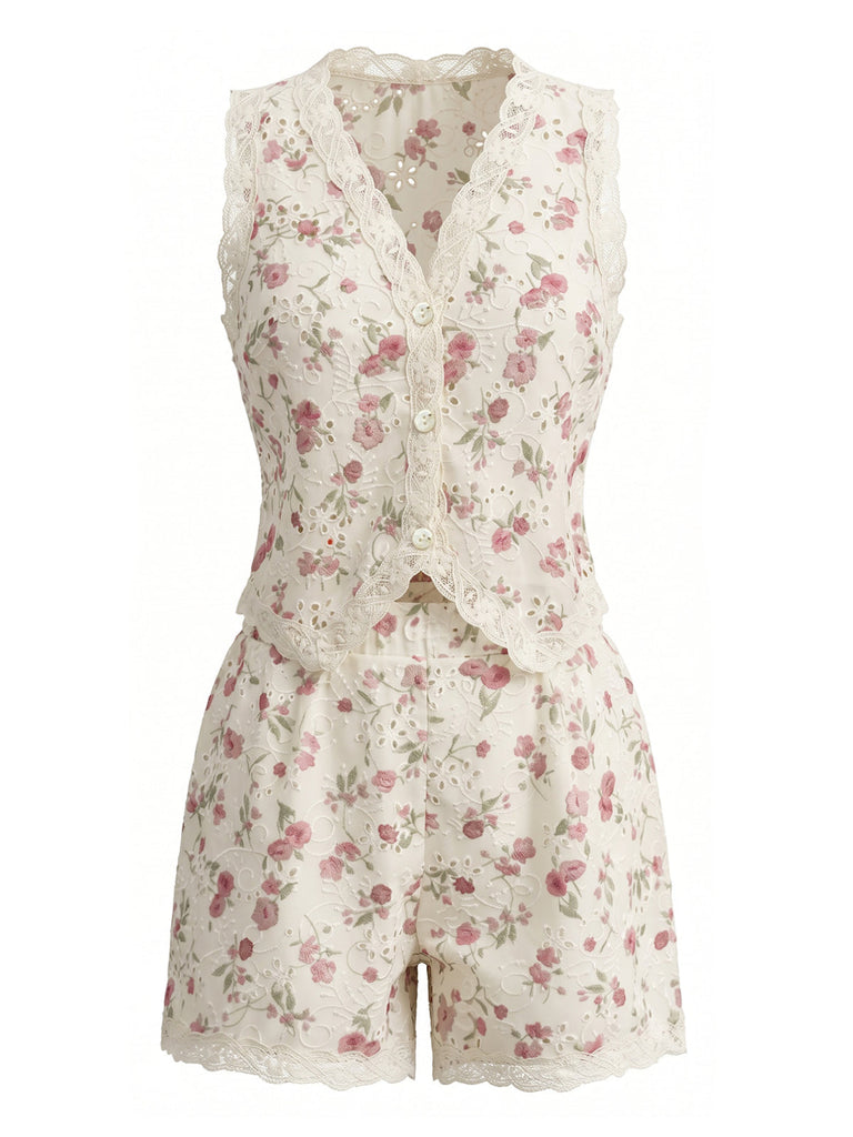 Ensemble 2 Pièces Top Floral Dentelle Patchwork et Short Beige Années 40