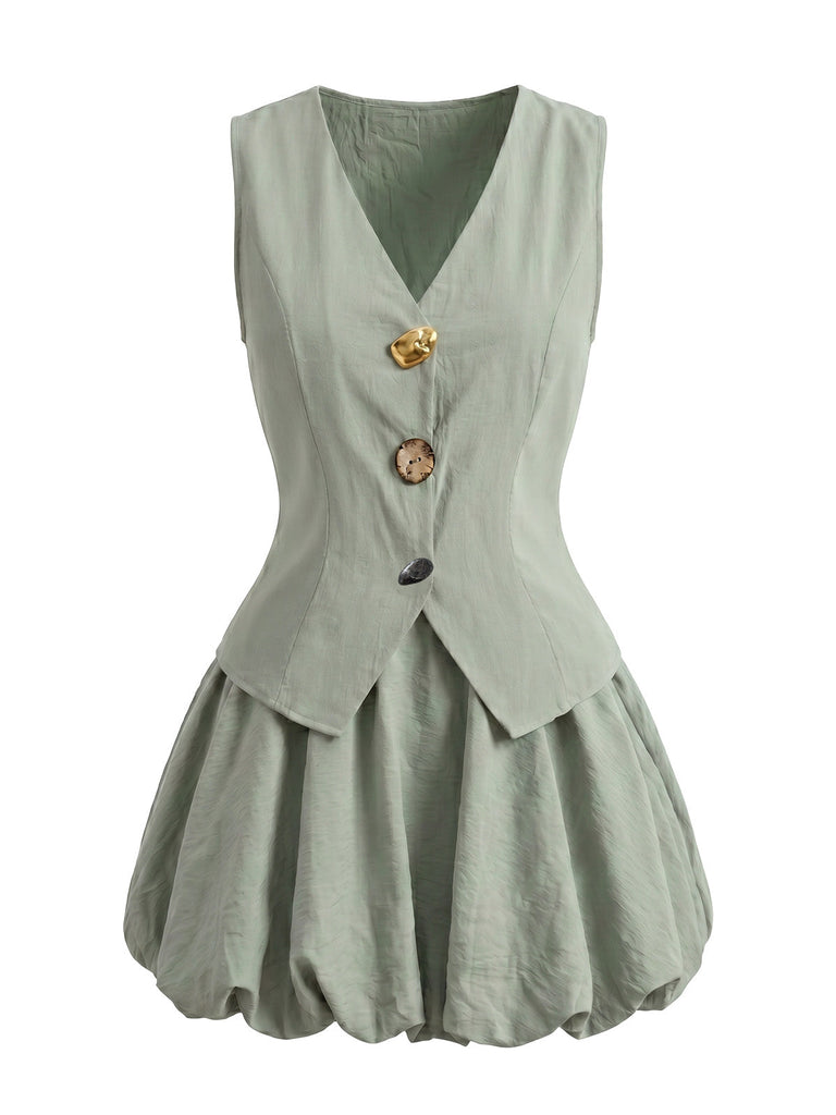 Ensemble 2 Pièces Gilet Col V et Jupe Bouffante Bleu Clair Années 50