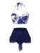 2PCS Maillot de bain licou roses et jupe cache-maillot bleu des années 1960