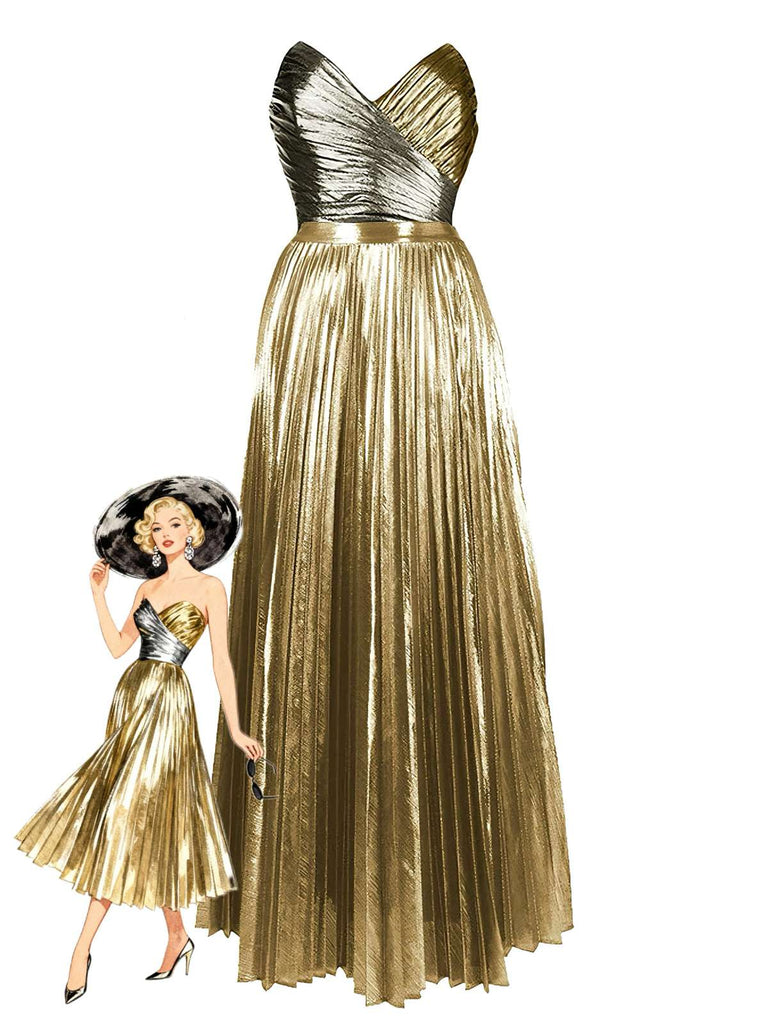 Maillot de bain une pièce glamour doré métallisé des années 1950 avec jupe de plage plissée assortie, parfait pour une élégance au bord de la piscine et dans les stations balnéaires.