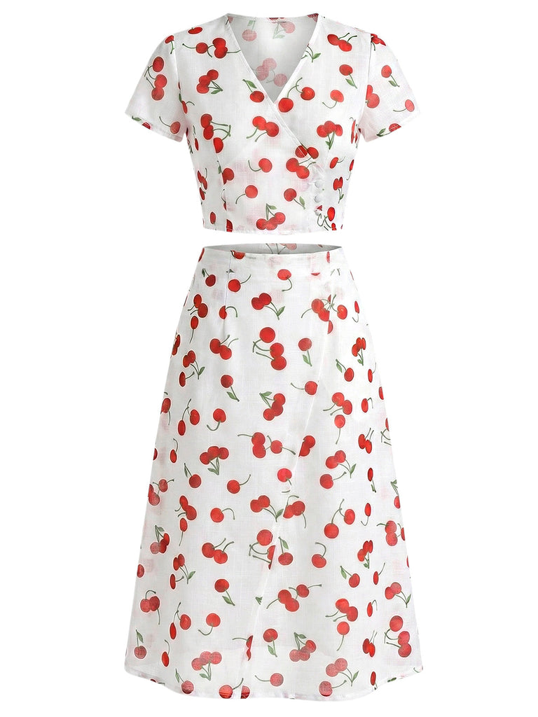 Ensemble 2 Pièces Crop Top Col V Imprimé Cerises & Jupe Rouge Années 1960 3