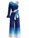 Blue and white gradient dress with a bow on a white background