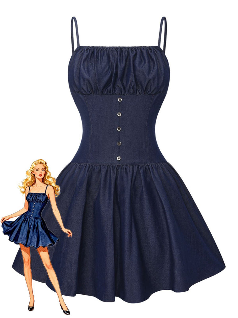 Mini-robe froncée bleue à bretelles spaghetti années 1960