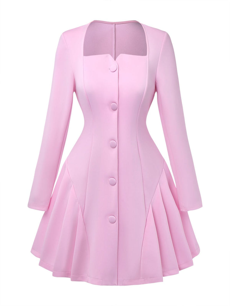Robe Uni Plissée Manches Longues Col CœurAnnée 1950