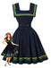 Robe sans manches à rayures ondulées bleu marine col carré années 1950