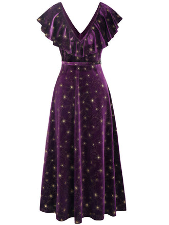 [Pré-vente] Robe à volants en velours col en V et étoiles violet des années 40