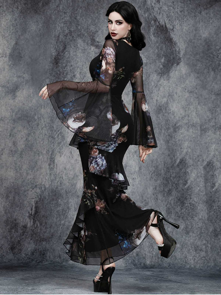 Robe sirène noire manches cloche col en V profond motif floral années 1930