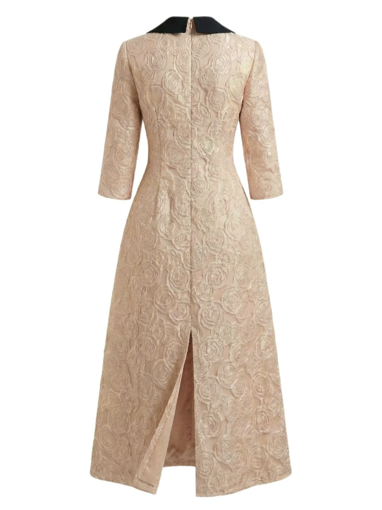Robe champagne rose jacquard à col en V et nœud années 1930