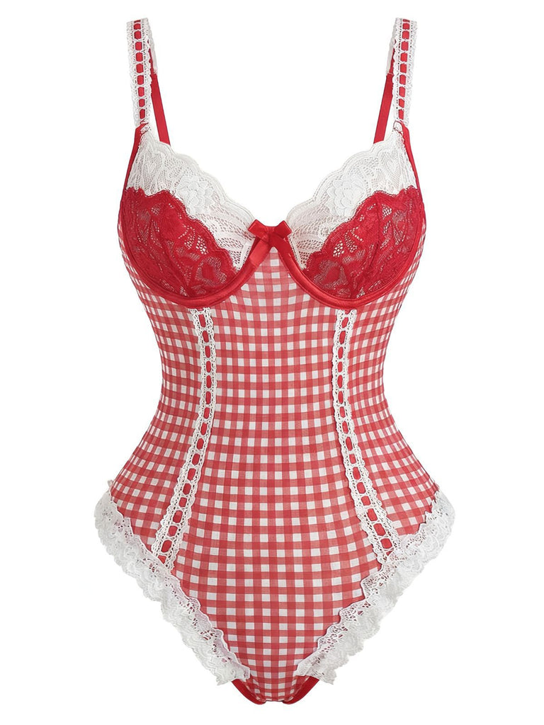Body lingerie rouge à carreaux vichy et nœud en dentelle des années 60