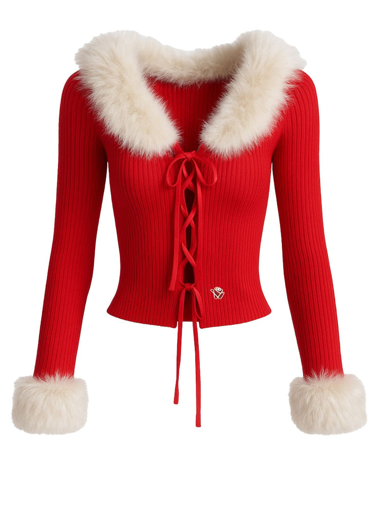 Cardigan rouge en maille col en fourrure amovible des années 1980