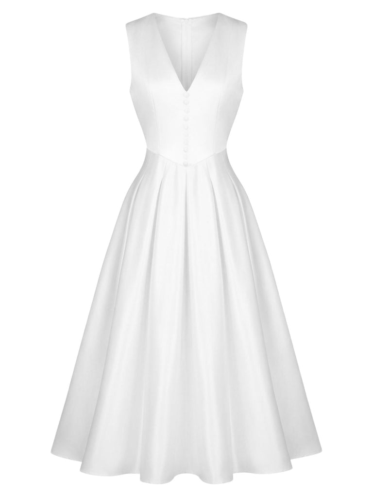 Robe blanche unie sans manches col en V boutons années 1950