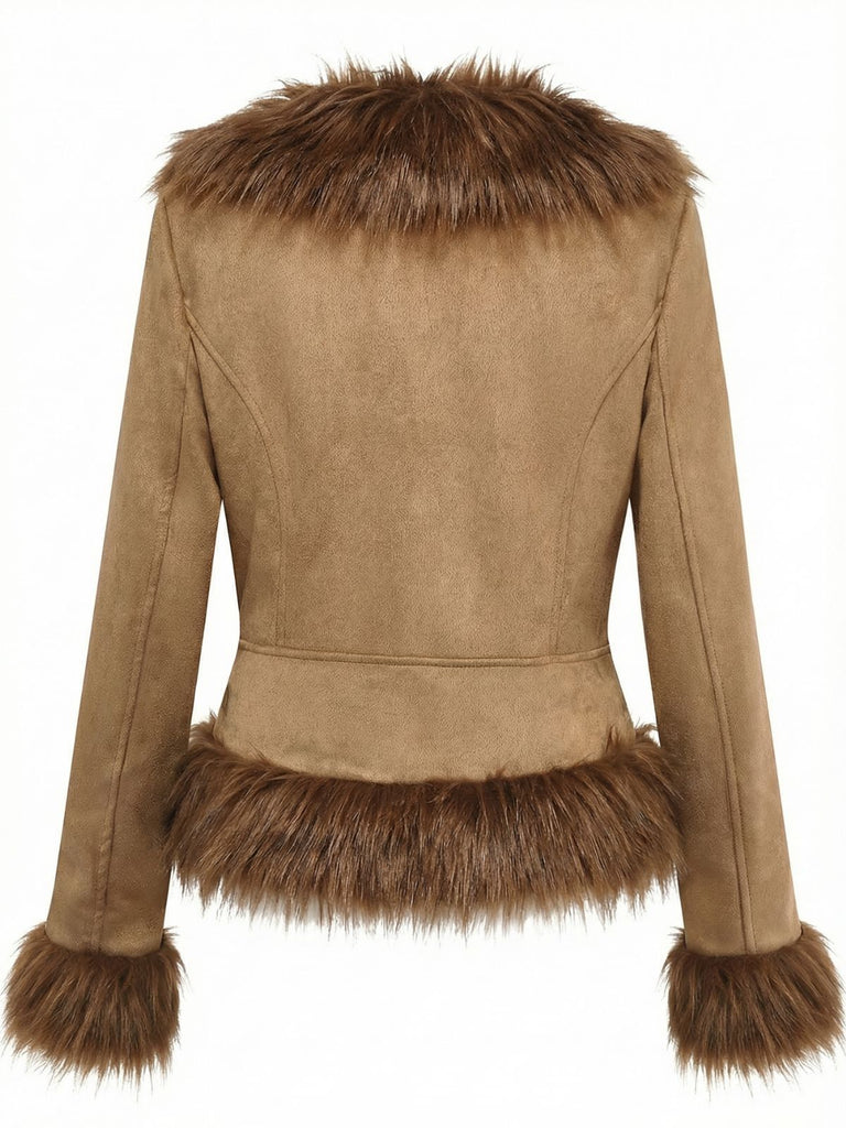 Veste avec bordure en fausse fourrure et broderie de roses années 1970