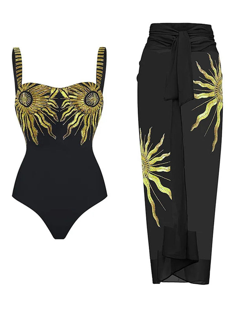 Maillot de bain et paréo dos nu à paillettes noires motif tournesol années 1950