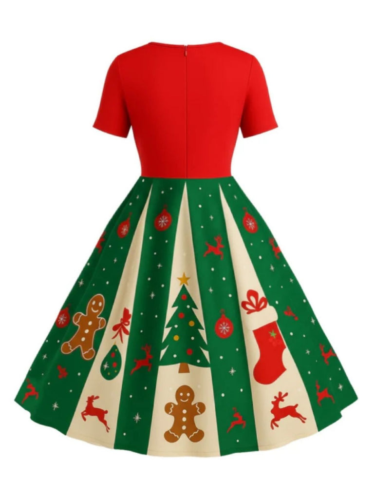 [Pré-vente] [Grande taille] Robe trapèze rouge et verte motif flocon de neige des années 1950
