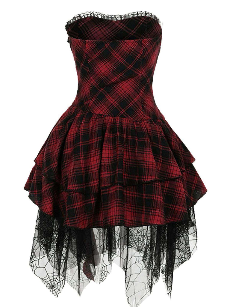 Robe bustier rouge en maille tartan des années 1970