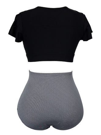 [Grande Taille] Maillot de bain noir manches volantées rayures avec nœud années 1950