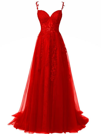 Robe longue rouge en tulle et dentelle à fines bretelles des années 1930