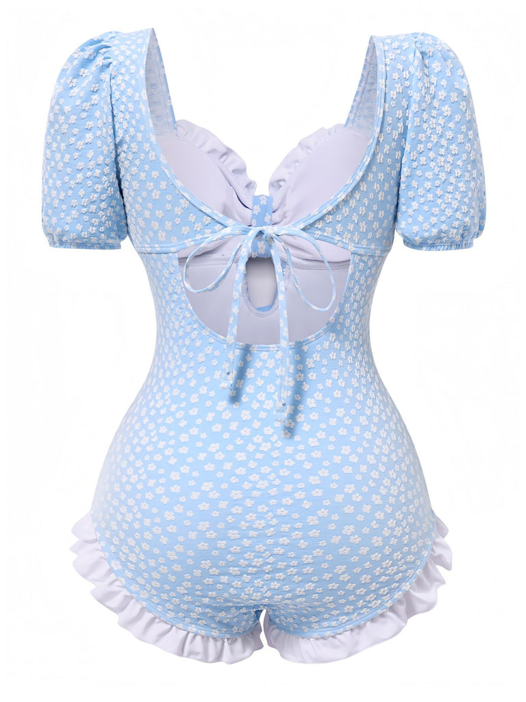 Maillot de bain une pièce bleu à volants et petites fleurs des années 1940