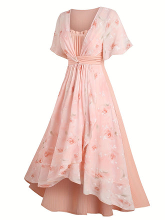 [Grande taille] Robe rose ourlet tulipe à fleurs patchwork des années 1970