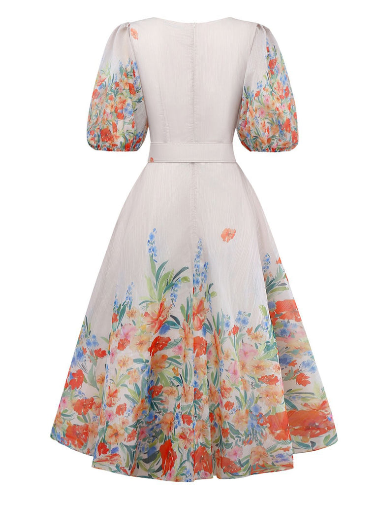 Robe multicolore à fleurs col en V manches lanternes années 1950