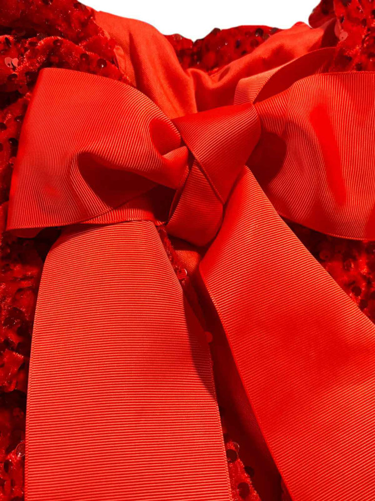 Robe à paillettes rouge manches longues col rond avec nœud des années 1960