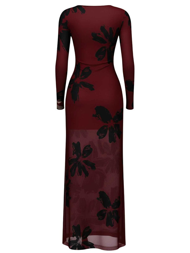 Robe longue maxi manches longues en résille florale années 1930