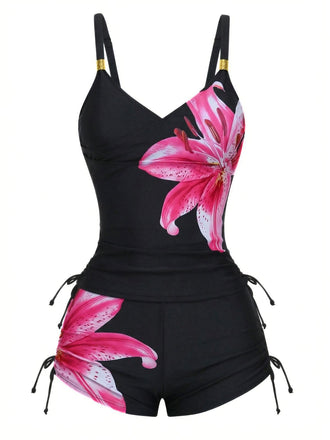 Tankini noirs à lacets uni à motif floral années 1950
