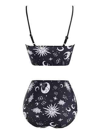 Ensemble bikini gothique noir à bretelles motif galaxie années 1980
