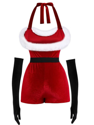 Ensemble barboteuse dos nu en velours et fausse fourrure de Noël des années 1970