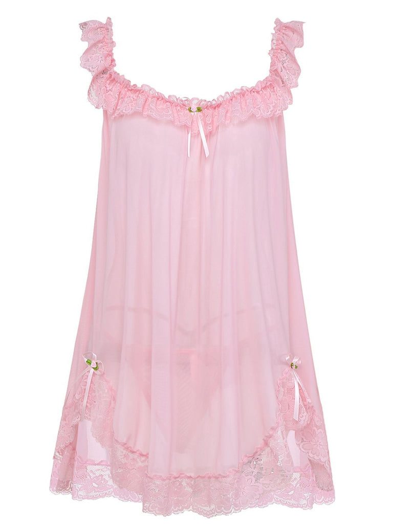 Nuisette babydoll en tulle transparent ornée de dentelle et de nœuds années 1950