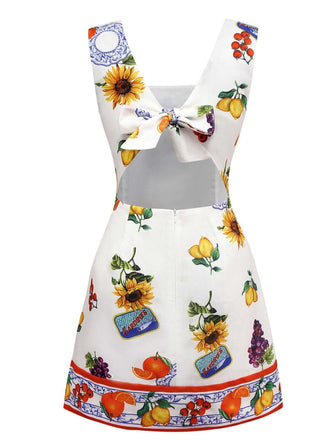 Robe col carré et dos noué à motif tournesol et fruits des années 1960